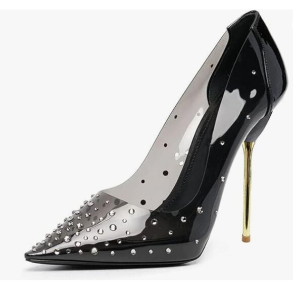 FSJ Black Studded Pointed Toe Transparent Pumps High Heels Shoes - Picture 1 of 8